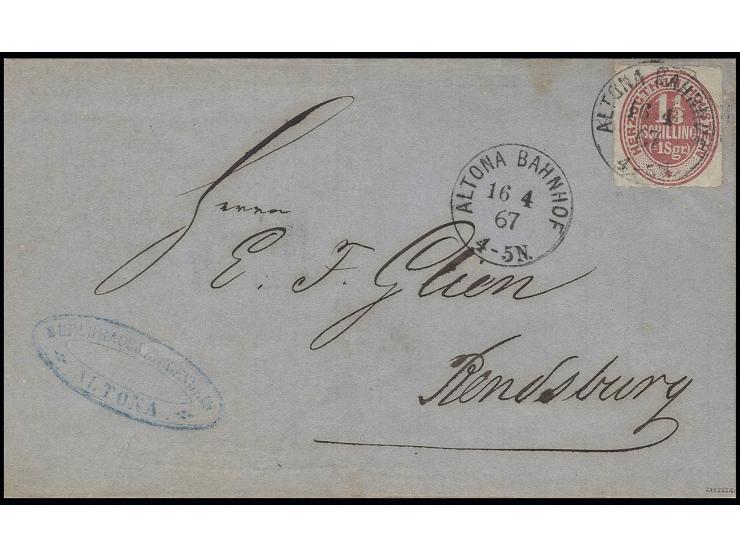 1 1/3 S. lebhaftrotkarmin mit EKr. "ALTONA BAHNHOF 16 4 67" auf Faltbriefhülle nach Rendsburg, gute Erhaltung, sign. Jakubek