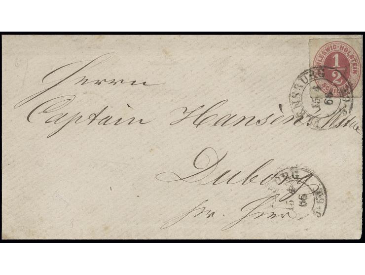 ½ S. rosalila mit DKr. "FLENSBURG 15 4 66" auf Umschlag (mit Inhalt) nach Duborg, die Marke war seit dem 1.10.1865 ungültig, 