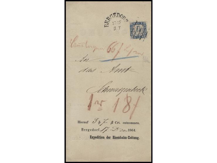 1¼ S. mittelblau auf weißrosa mit Strichstempel auf Postvorschuß-Brief mit nebengesetztem Halbkreisstempel "BERGEDORF 17 12" 