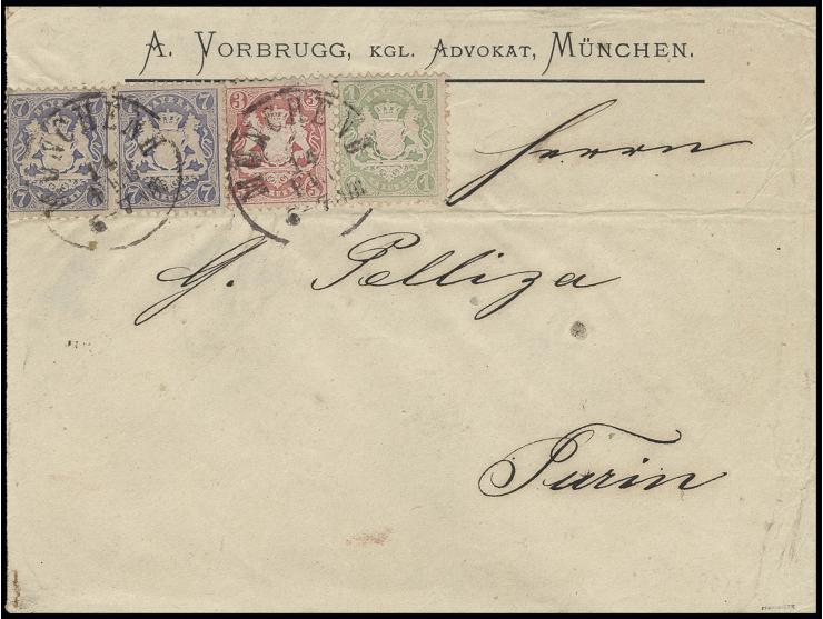 1 Kreuzer grün, 3 Kreuzer karmin und 2 Stück 7 Kreuzer mattultramarin, im Streifen geklebt mit EKr. "MÜNCHEN 14 FEB." (1874) 