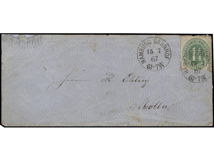 1¼ S. olivgrün mit EKr. "HAMBURG BAHNHOF 15 7 67" auf Umschlag nach Mölln, Mängel. Die Verwendung von schleswig-holsteinische