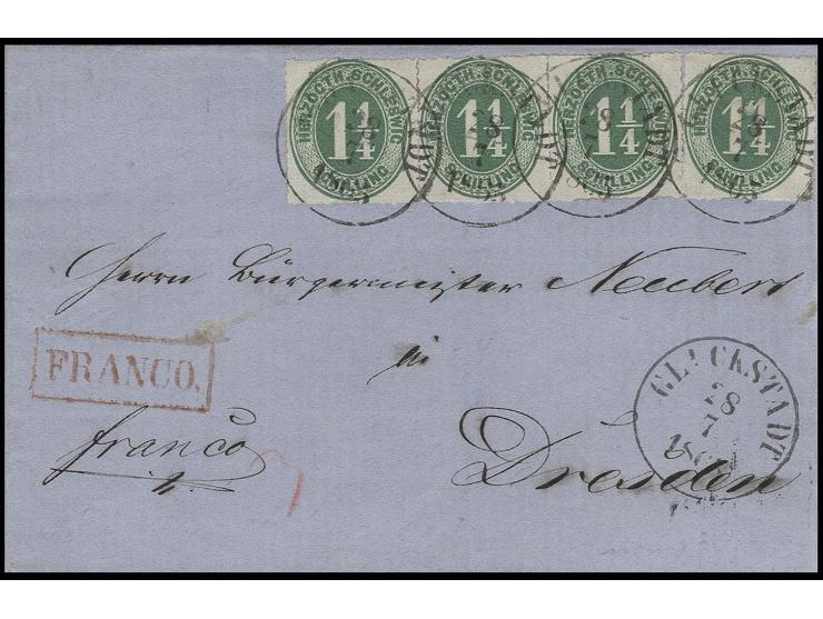 1¼ S. olivgrün im waagerechten 3er-Streifen sowie eine Einzelmarke mit EKr. "GLÜCKSTADT 28 7 1865" auf Faltbriefhülle nach Dr