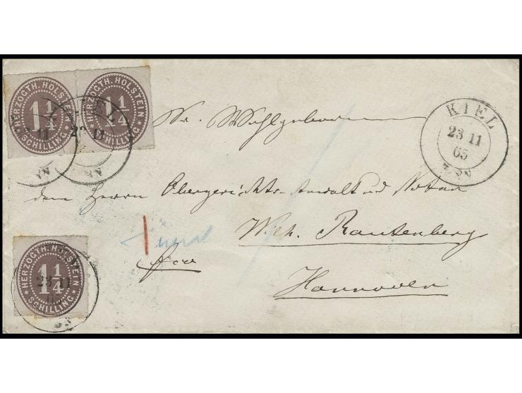 1¼ S. lebhaftbraunpurpur, waagerechtes Paar und Einzelmarke mit DKr. "KIEL 23 11 65" auf teilfrankiertem Umschlag nach Hannov