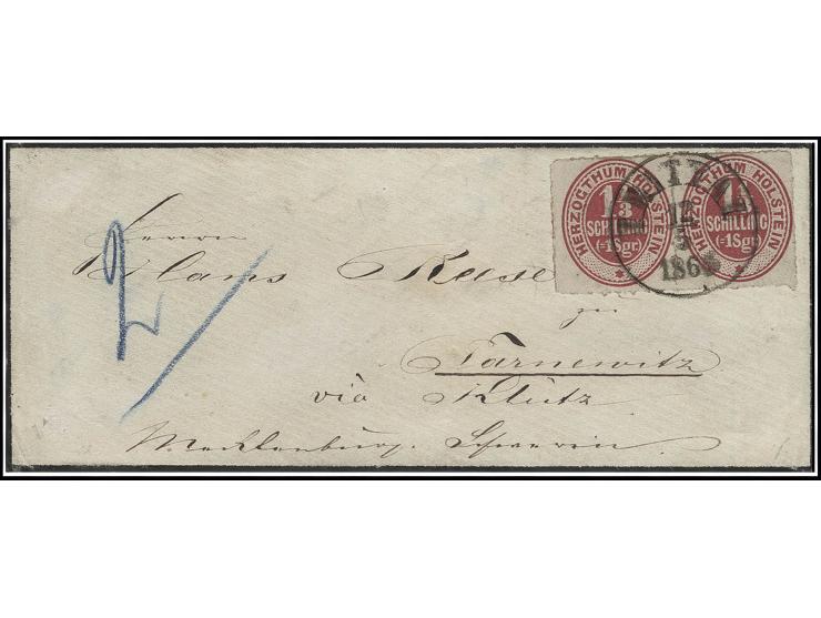 1 1/3 S. lebhaftrotkarmin im waagerechten Paar mit EKr. "TRITTAU 12 5 1866" auf Trauerbrief via Klütz nach Tarnewitz, dreisei