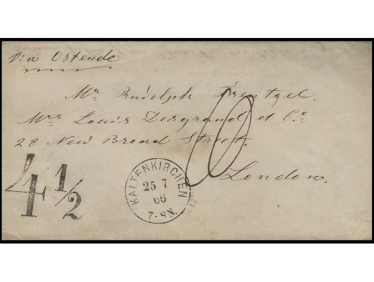 Umschlag mit Aufgabestempel "KALTENKIRCHEN 25 7 66" via Ostende nach London, vorderseitig schwarzer Taxstempel "4½" für die F