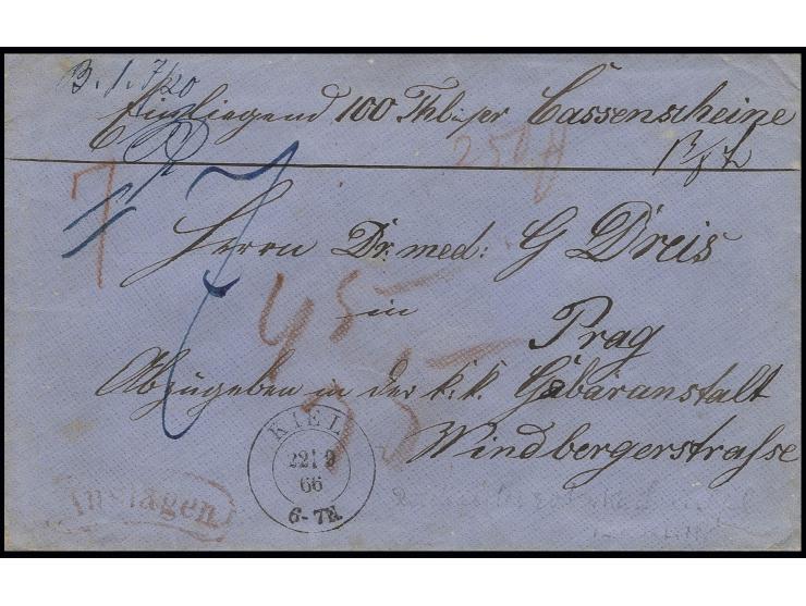 Wertbrief über 100 Thaler Kassenscheine mit Aufgabestempel "KIEL 22 | 9 66" nach Prag, vorderseitig roter Nierenstempel "Ausl