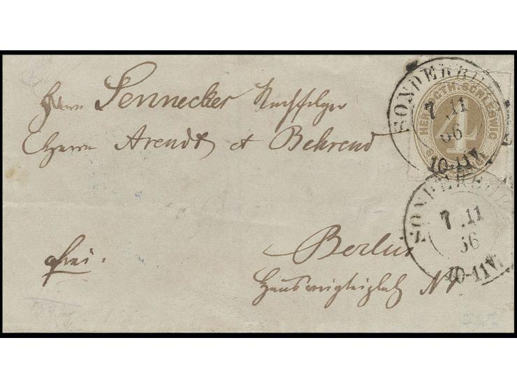 4 S. mittelbraunocker mit DKr. "SONDERBURG 7 11 66" auf kleiner Faltbriefhülle nach Berlin, gute Erhaltung, sign. Carl H. Lan