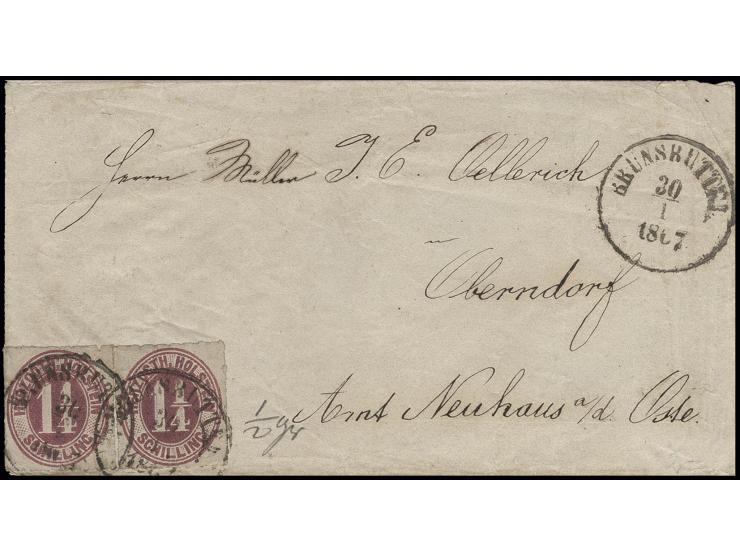 1¼ S. bräunlichlila, zwei Werte mit EKr. "BRUNSBÜTTEL 30/1 1867" auf Umschlag nach Oberndorf, mit "½ Gr." nachtaxiert, linke 