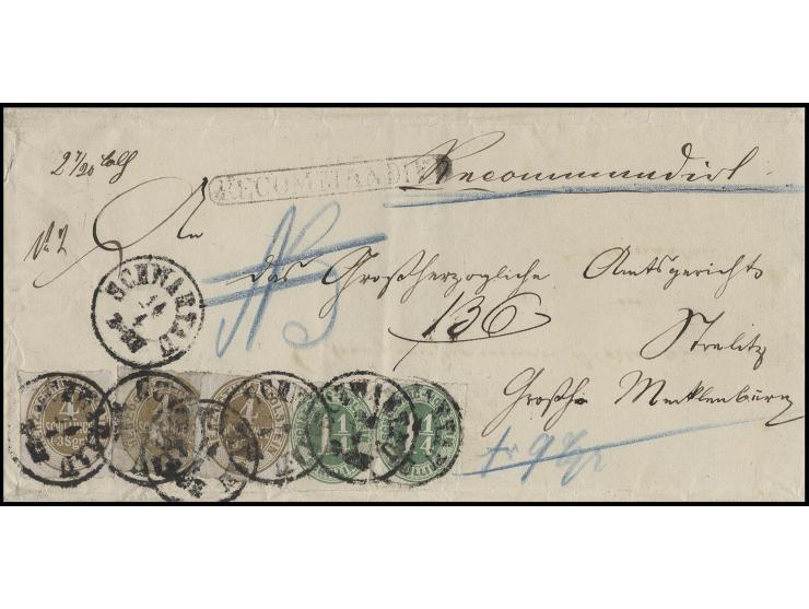 1865, 4 S. braunocker, drei Werte in Mischfrankatur mit zwei Werten 1865 1¼ S. olivgrün mit EKr. "SCHWARTAU 14/4" auf doppelt