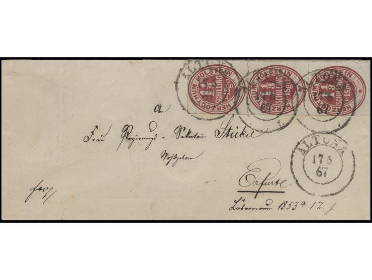 1 1/3 S. lebhaftrotkarmin im senkrechten 3er-Streifen mit DKr. "ALTONA 17 5 67" auf Umschlag nach Erfurt, gute Erhaltung, sig