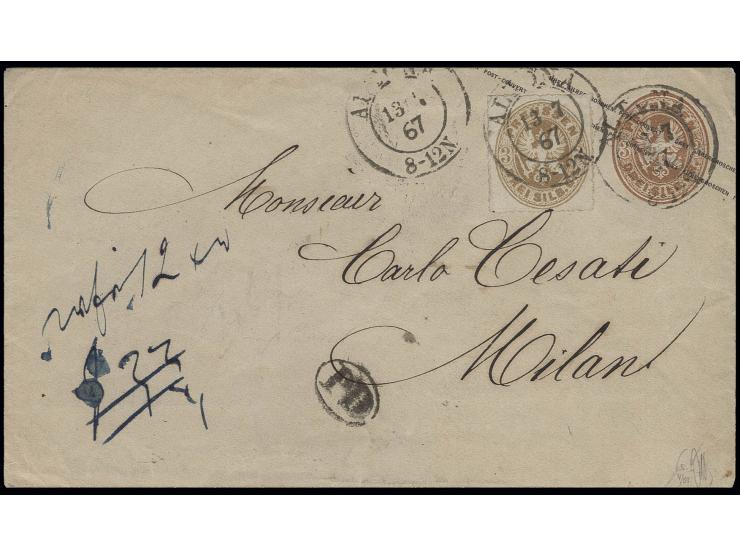 1861, 3 Sgr. ocker mit DKr. "ALTONA 13 7 67" als wertstufengleiche Mischfrankatur auf preußischem Ganzsachenumschlag 3 Sgr. o
