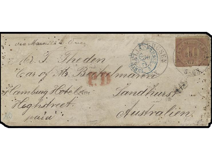 10 Sgr. rosarot mit DKr. "KELLINGHUSEN 30 8 67" auf Umschlag per Overland-Mail nach Sandhurst, Australien, vorderseitig blaue