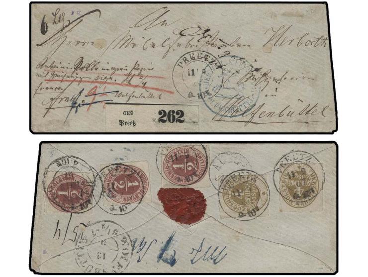 ½ S. rosalila, drei Einzelmarken in Mischfrankatur mit Holstein 4 S. braunocker, zwei Einzelmarken je mit DKr. "PREETZ 11 9 6