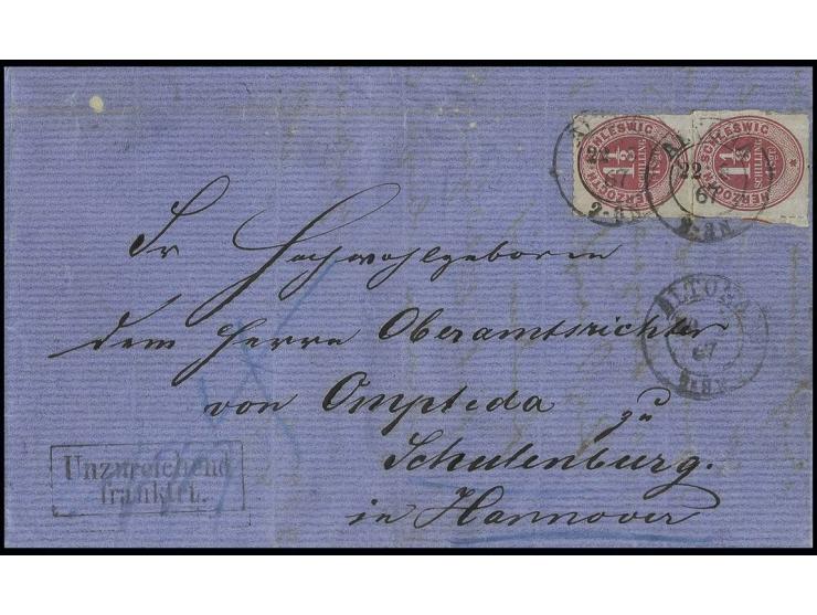 1 1/3 S. lebhaftrosalila im senkrechten Paar mit DKr. "ALTONA 22 9 67" auf Faltbrief nach Schulenburg, unten links Ra2 "Unzur