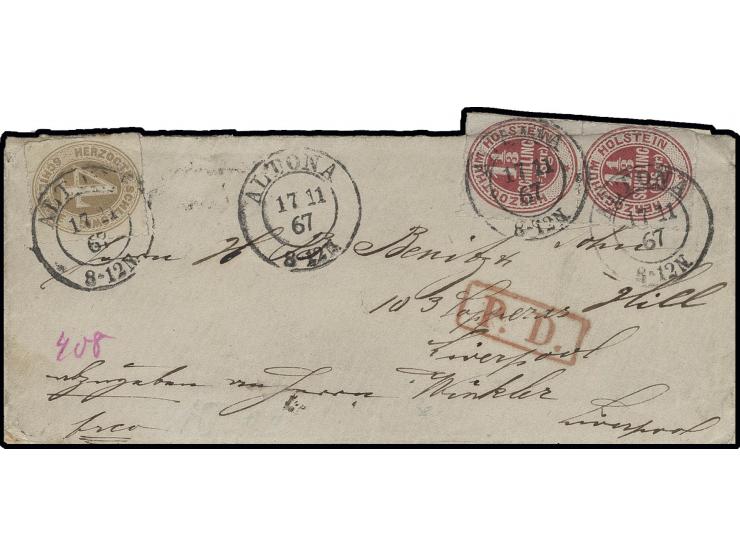 1 1/3 S. lebhaftrosalila im senkrechten Paar in Mischfrankatur mit Holstein 4 S. braunocker mit DKr. "ALTONA 17 11 67" auf Um
