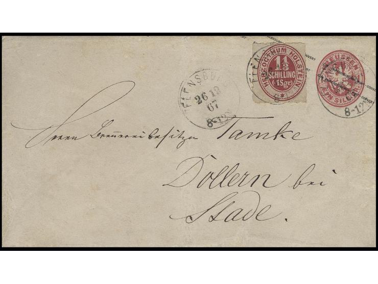 1 1/3 S. lebhaftrotkarmin mit EKr. "FLENSBURG 26 12 67" als Zufrankatur auf Preussen Ganzsachenumschlag 1863 1 Sgr. rot nach 