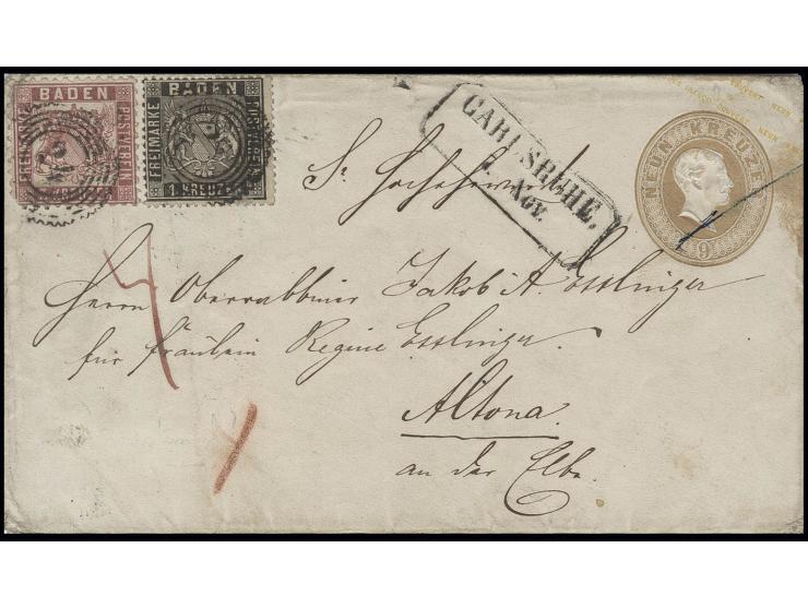 BADEN: 1 Kr. schwarz und 1862 3 Kr. hellrot mit Nummernstempel "24" als Zufrankatur auf 1862, Ganzsachenumschlag 9 Kr. braun 