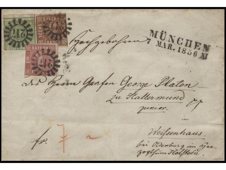 1 Kr. lilarosa, 4 Kr. braunorange und 9 Kr. gelblichgrün mit Mühlradstempel "217" auf Faltbrief mit nebengesetztem L2 "MÜNCHE