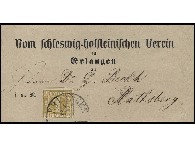 1 kr. dunkelorangegelb mit Halbkreisstempel "ERLANGEN XII 23 7" auf Streifband "Vom schleswig-holsteinischen Verein" nach Rat