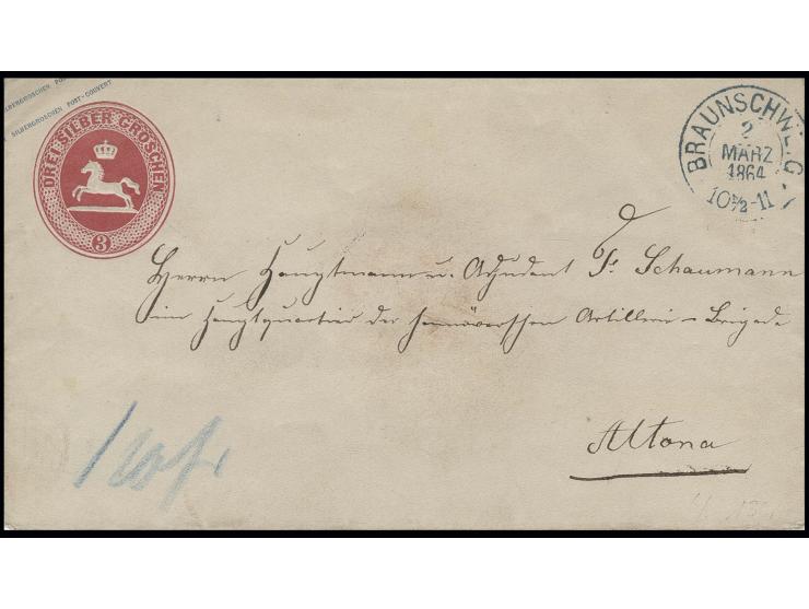 BRAUNSCHWEIG: Ganzsachenumschlag 3 Sgr. hellrosa von "BRAUNSCHWEIG 2 MÄRZ 1864" nach Altona an "Hauptmann und Adjutant Schaum