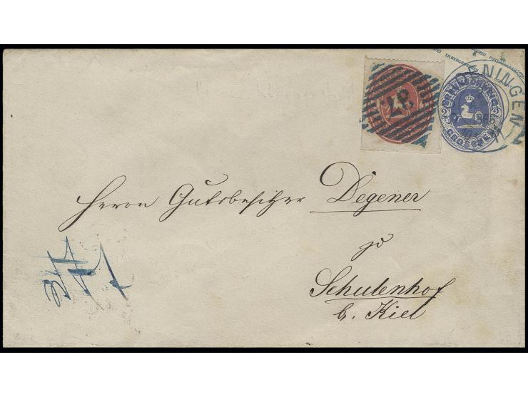 1 Sgr. rosa als Zufrankatur mit Nummernstempel "28" auf 1865, Ganzsachenumschlag 2 Sgr. ultramarin mit nebengesetztem DKr. "S