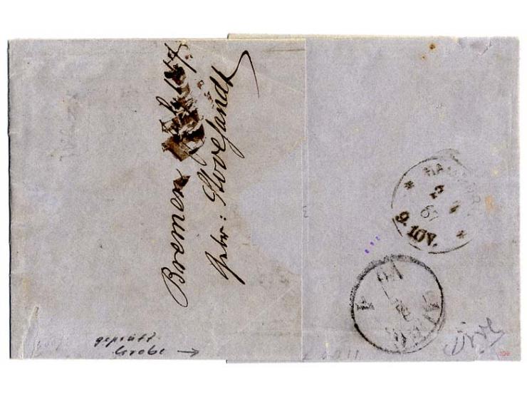 7 Gr. mittelrötlichgelb mit Ra2 "BREMEN 1 7 6-7" auf Faltbriefhülle nach Kiel, Brief gereinigt, innen gestützt, Adresse nachg