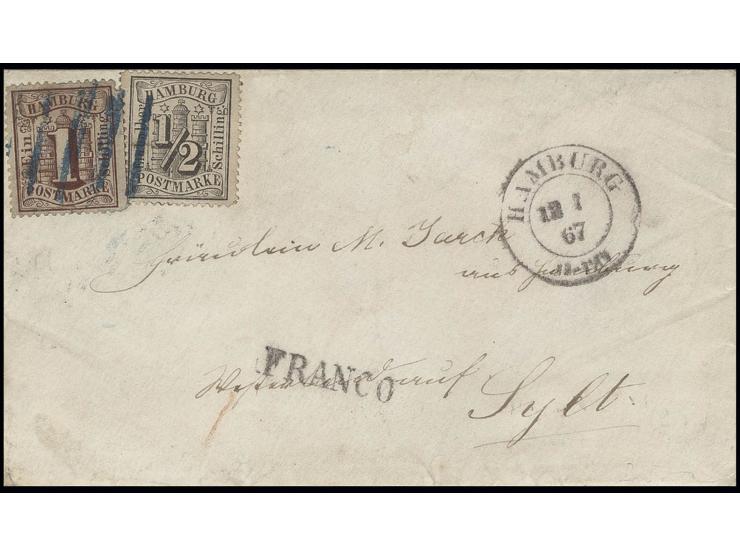 ½ S. schwarz und 1 S. rotbraun mit blauem Vierstrichstempel auf Umschlag aus dem Briefkasten nach Sylt, eigentlich war die Ve