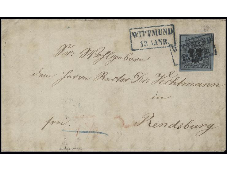 1/15 Th. auf graublau, allseits voll- bis breitrandig mit blauem Ra2 "WITTMUND 13 JANR" auf teilfrankiertem Faltbrief nach Re