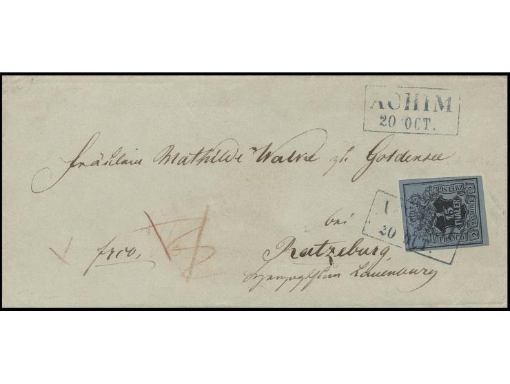 1/15 Th. auf graublau, allseits voll- bis breitrandig mit blauem Ra2 "ACHIM 20 OCT" auf teilfrankierter Faltbriefhülle nach R
