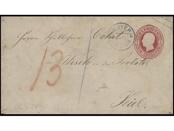 Ganzsachenumschlag 1 Gr. rosa als Teilfranko von "HANNOVER 30 12" nach Kiel, in Rötel taxiert "13" (Sk.RM), interessanter Bri