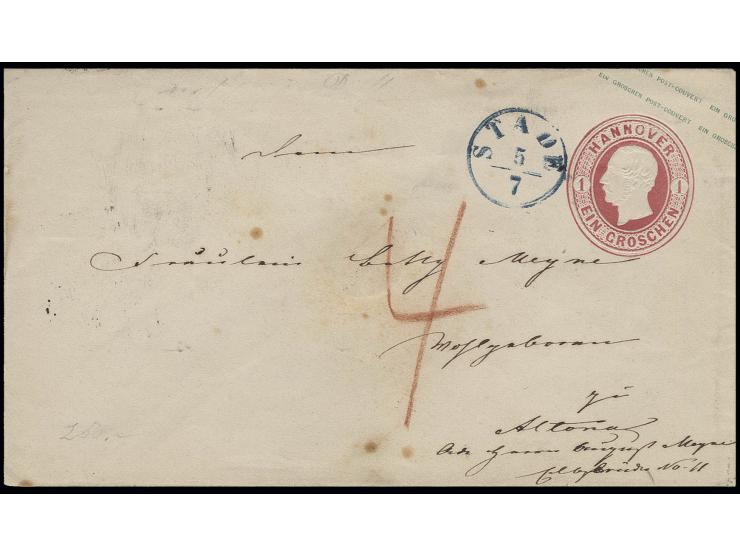 Ganzsachenumschlag 1 Gr. rosa als Teilfranko von "STADE 5/7" nach Altona, in Rötel taxiert "4" (Sk.RBM), interessanter Brief