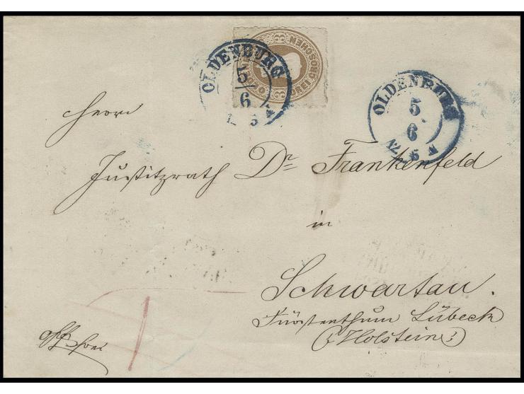 3 Gr. braunocker mit blauem DKr. "OLDENBURG 5 6" auf Faltbriefhülle nach Schwartau, gute Erhaltung
