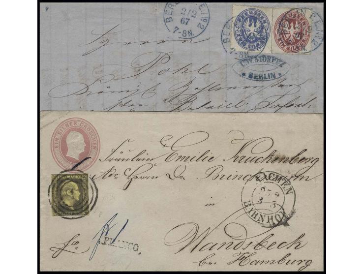 3 Sgr. gelb mit Nummernstempel "1" als Zufrankatur auf Ganzsachenumschlag 1 Sgr. rosa mit nebengesetztem DKr. "AACHEN BAHNHOF