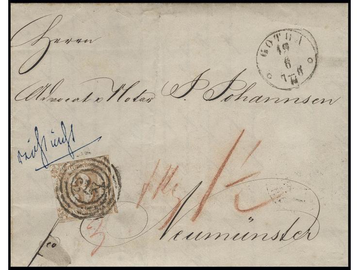 3 Sgr. ockerbraun mit Nummernstempel "273" auf Faltbrief mit nebengesetztem EKr. "GOTHA 19 6" nach Neumünster, in Rötel verme