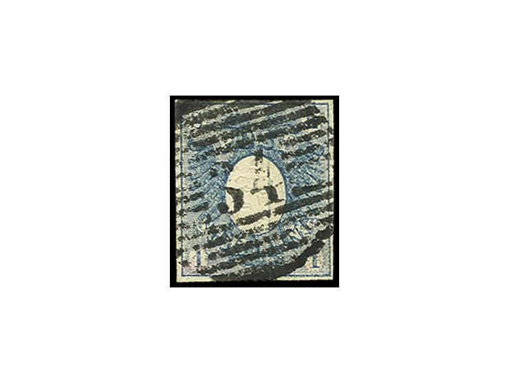 1850, 1 Sch. blau, allseits breitrandig und farbfrisch mit zentrisch abgeschlagener Nr. "34" RENDSBURG, seltene Marke in über