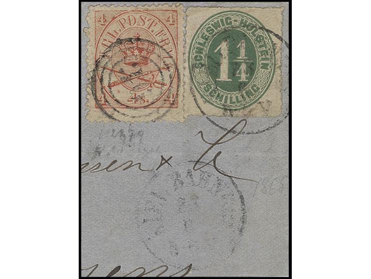 1¼ Sch. grün mit Stempel "KIEL BAHNHOF 23/6" in Mischfrankatur mit Dänemark Ovalausgabe 4 Sk. zinnoberrot mit Nr. "36" KOLDIN