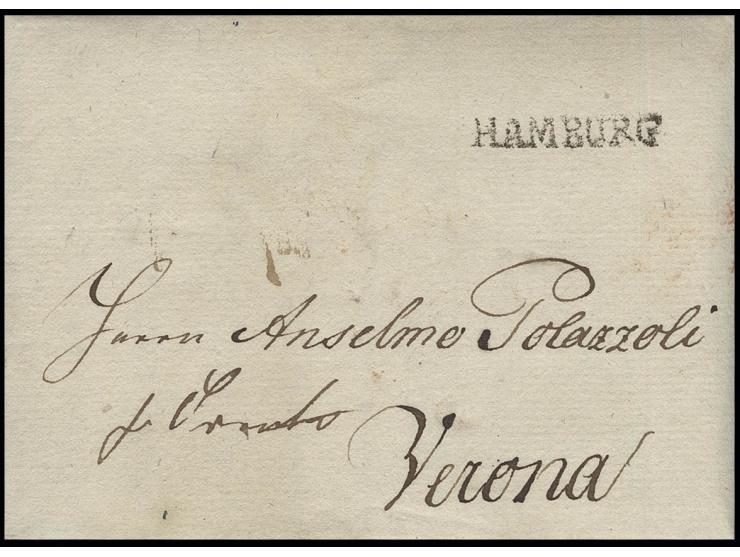 STEMPEL: 1801, Altona, kpl. Faltbrief  mit Datierung vom 11.9. und L1 "HAMBURG" nach Verona mit rückseitiger Taxe "9" und Lac