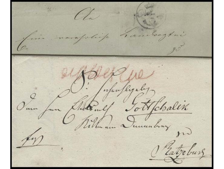 "Oldesloe", handschriftlicher Aufgabevermerk in rot auf kpl. Faltbrief nach Ratzeburg (datier 1820), dazu Militaira-Faltbrief