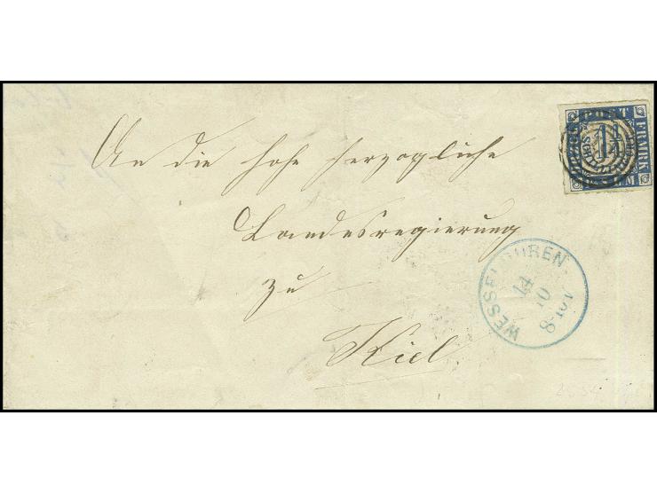 "48" WESSELBUREN, sauber auf 1¼ Sch. blau/weißrosa mit nebengesetztem blauen EKr. vom 14.10.(1864) auf Briefhülle nach Kiel m