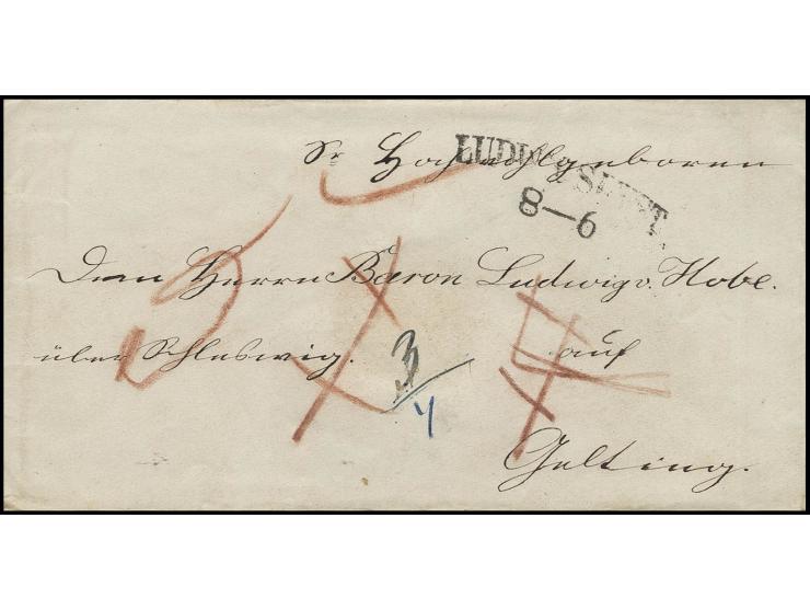 INCOMING MAIL: 1852 (ca.), Brief mit L2 "LUDWIGSLUST 8-6" via Hamburg nach Gelting mit Ausgabe-Stempel, vorderseitig mit dive