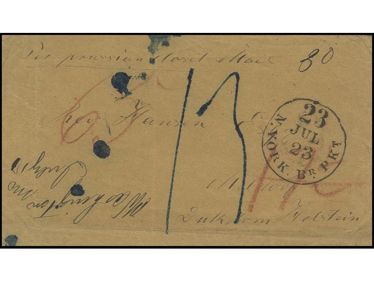 1866, gelber Umschlag mit EKr. "N.YORK BR. PKT. 23.JUL" in schwarz via Aachen und Hamburg nach Nortorf, vorderseitig mit dive
