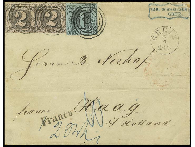 1852, 2 Sgr. auf graurot im waagerechten Paar und 1853, 1 Sgr. auf blau mit Nummernstempel "292" und nebengesetztem EKr. "GRE