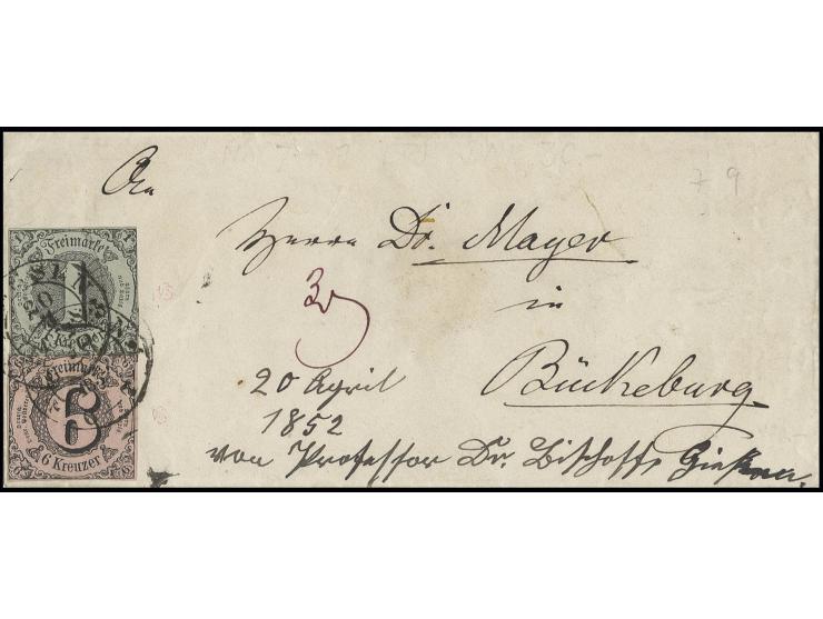 1 Kr. auf graugrün und 6 Kr. auf rosa, beide recht gut geschnitten mit DKr. "GIESSEN 20 4 1852" auf kleinem Briefkuvert nach 