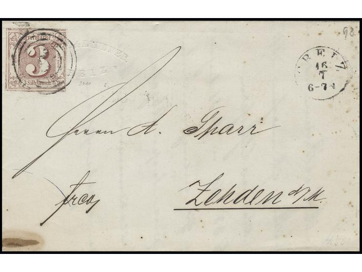 1859, 3 Sgr. braunrot, rechts unten leicht berührt, sonst voll- bis überrandig mit Teilen von 5 Nachbarmarken auf Brief von "