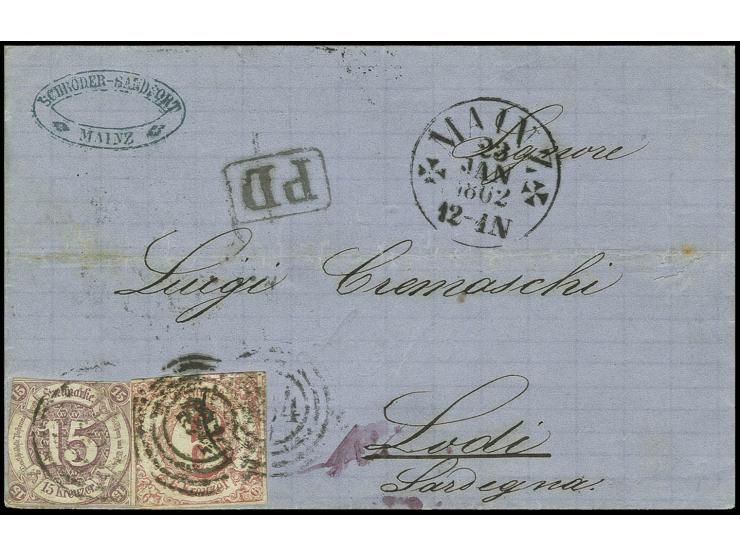 15 Kr. braunpurpur und 6 Kr. rosarot mit Nr. "134" und nebengesetztem EKr. "MAINZ 23 JAN 1862" mit Kreuzen und Jahreszahl auf