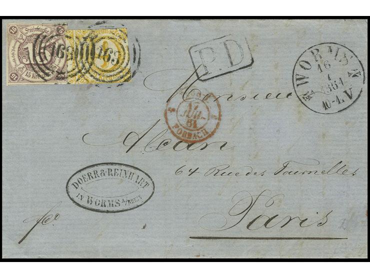15 Kr. lila, allseits gut gerandet, und  9 Kr. orangegelb mit Nummernstempel "163" und nebengesetztem EKr. "WORMS 16 7 1861" 