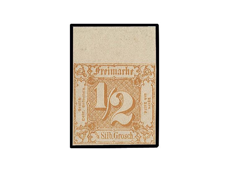 ½ Sgr. auf orange, Oberrandstück mit 10mm Bogenrand, farbfrisch und allseits voll- bis breitrandig, postfrisch bzw. Falz im O