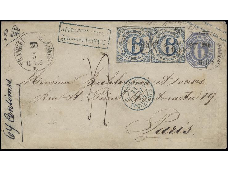 6 Kr. blau, 2 Einzelwerte als Zufrankatur auf Ganzsachenumschlag 6 Kr. mit EKr. "FRANKFURT A.M. BAHNHOF 20 5" (1864) nach Par