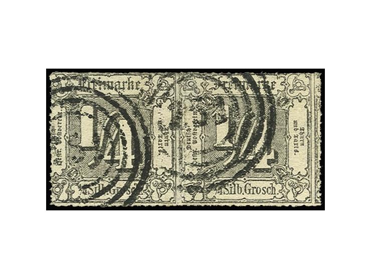 1865, farblos durchstochen: ¼ Sgr. schwarz im waagerechten Paar mit vollständigem Durchstich, gestempelt "251" WEIMAR, Kabine
