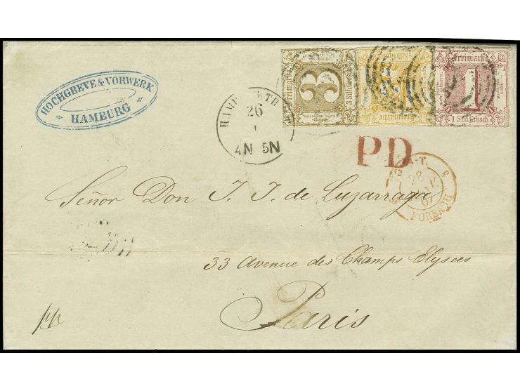 ½ Sgr. orange, 1 Sgr. karminrot und 3 Sgr. braunocker mit Nummernstempel "300" und nebengesetztem EKr. "HAMBURG 26 4" auf Fal